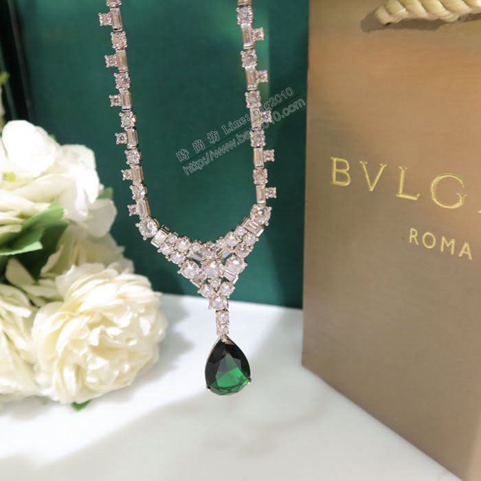 Bvlgari飾品 寶格麗奢華水滴綠色鑽項鏈 Bvlgari鑲寶石扇形裙子鑽項鏈  zgbq3265